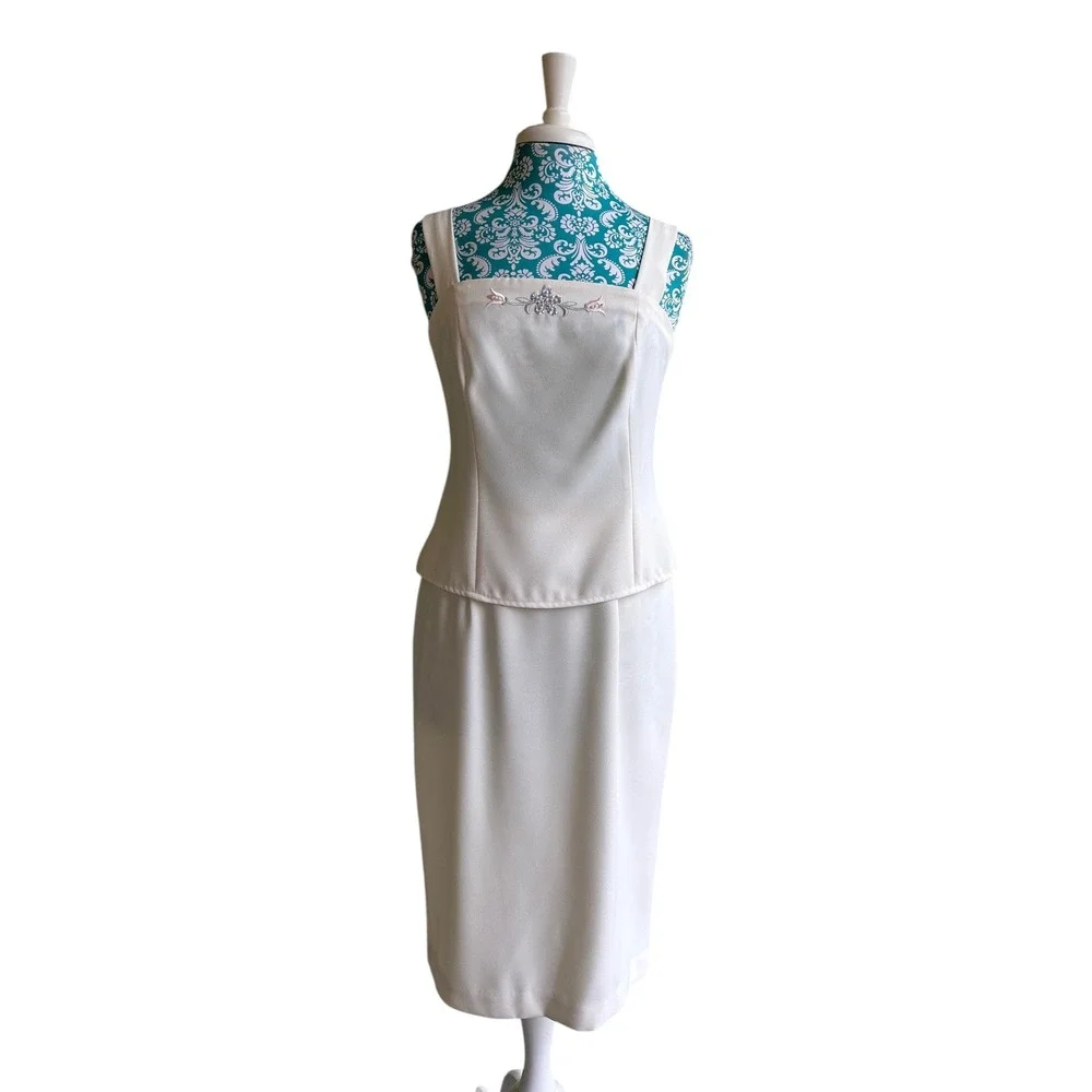 Vintage Women's Skirt Set Pearl Sequin Top Embroidered Pastel Pink & Aqua Suit - Picture 9 of 13